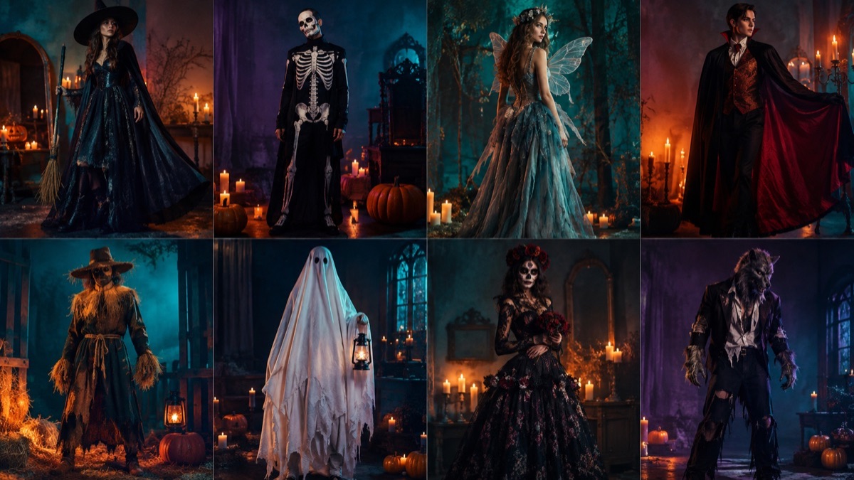 Original editorial grid of Halloween costume silhouettes in violet, pumpkin and teal tones