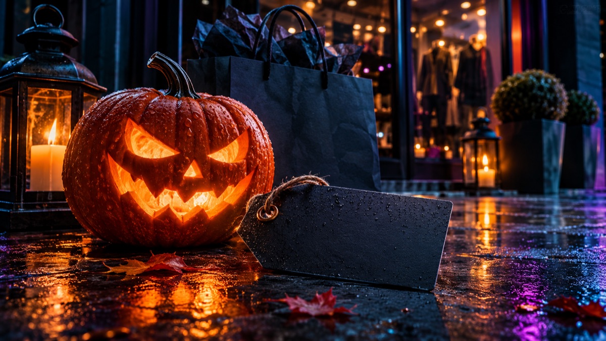 Original Black Friday concept with dark shop lights, a carved pumpkin and a blank price tag