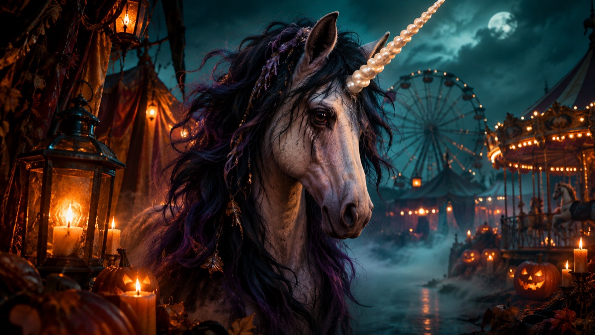 Original haunted unicorn mascot concept with a pearl horn, dark mane and carnival fog