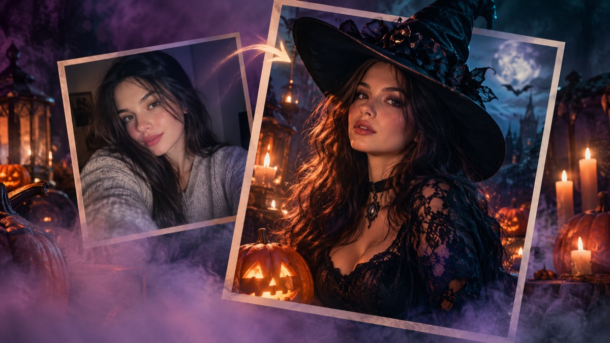 Original editorial illustration of a selfie turning into a Halloween costume portrait through layered frames