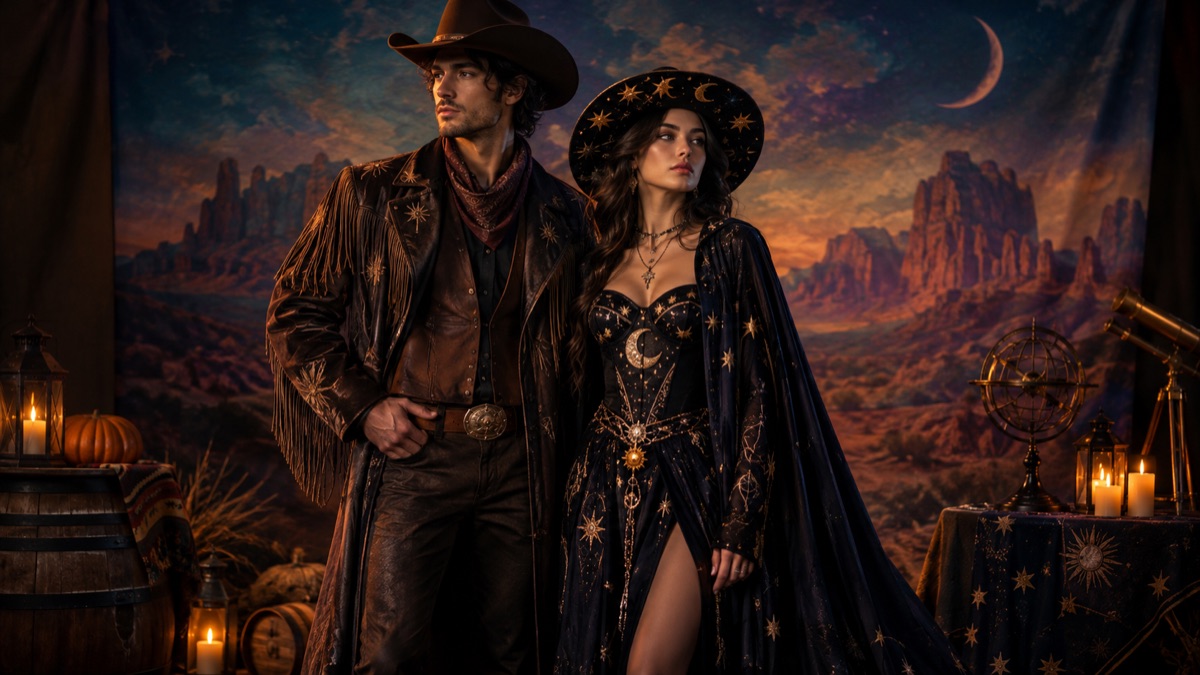 Original couple costume concept with coordinated western and celestial outfits in warm studio light