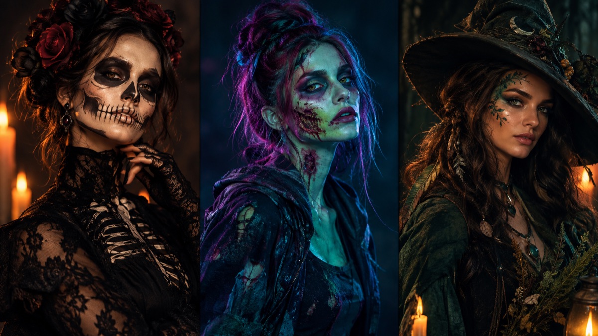 Original Halloween makeup concept with skeleton contour, violet zombie highlight and forest witch details