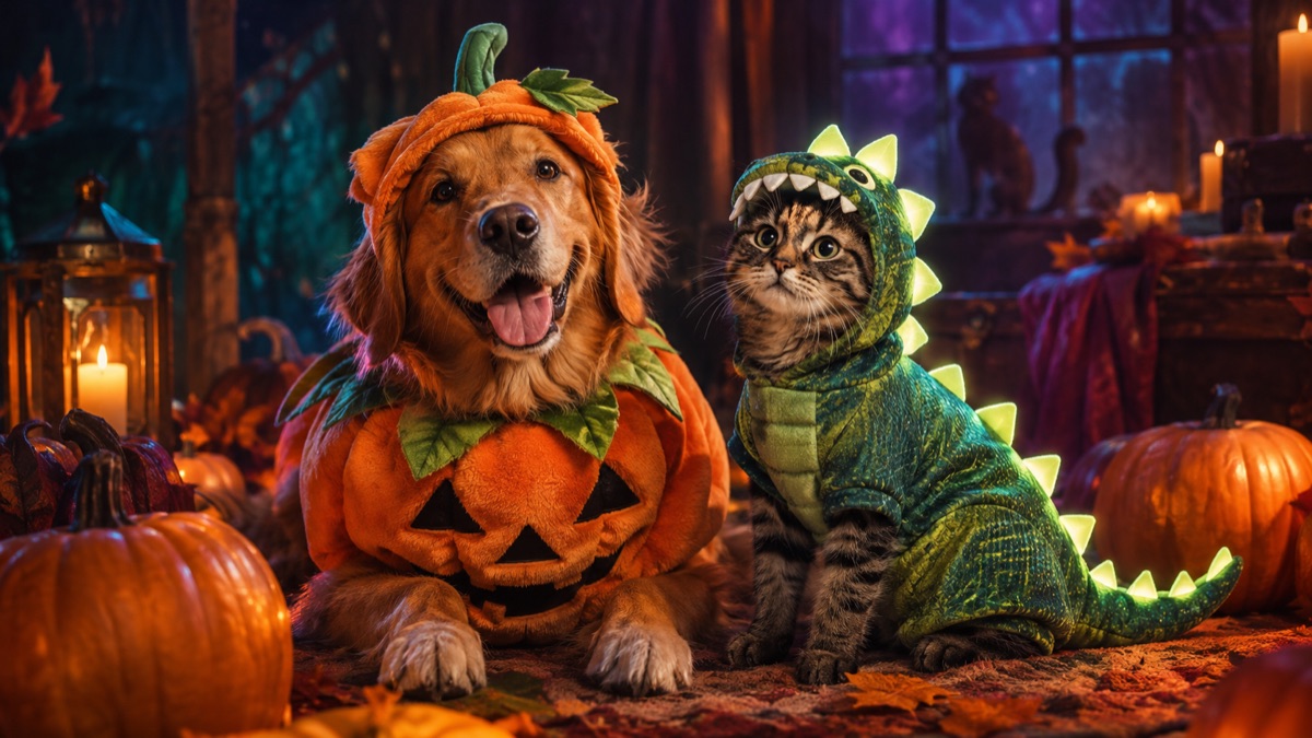 Original pet costume concept with a dog in a pumpkin costume and a cat in a glow dinosaur outfit