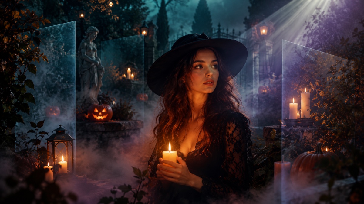 Original Halloween photo editing concept with layered fog, warm candlelight and a dark garden portrait
