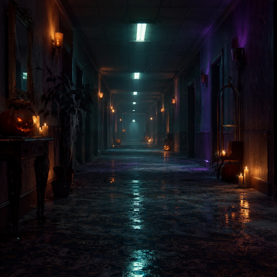 Original video concept frame with a liminal corridor, fluorescent light and drifting camera