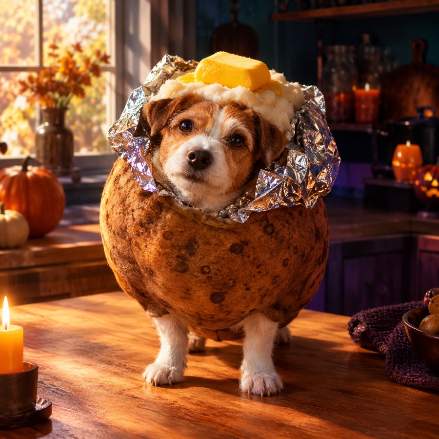 Original pet portrait concept with a plush baked potato costume, foil wrap and warm kitchen light