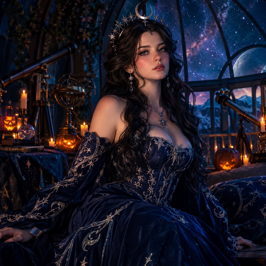 Original celestial princess concept with a midnight-blue gown, silver moon crown and starry observatory