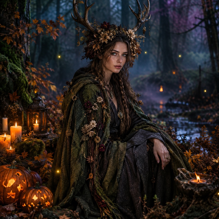 Original forest witch concept with moss-green robes, antler headpiece and fireflies