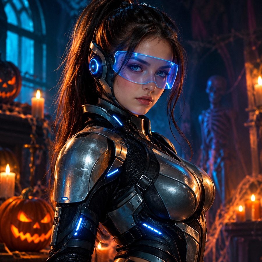 Original sci-fi hero costume concept with a translucent visor, brushed metal armour and blue studio light