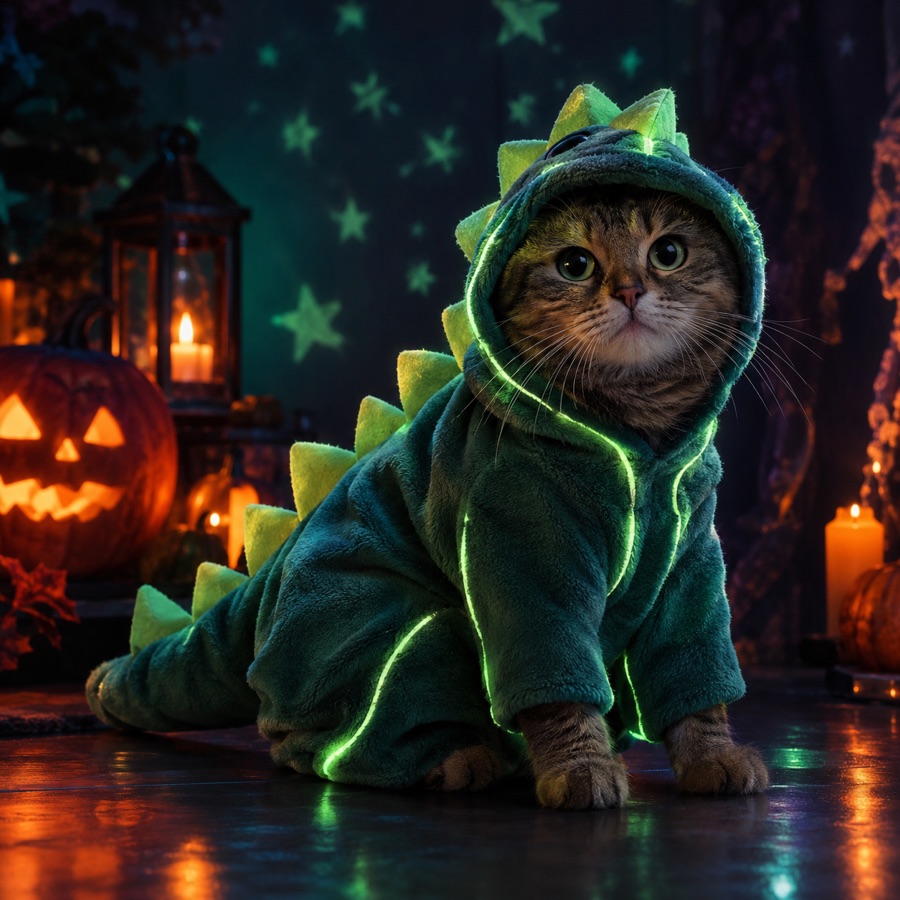 Original pet portrait concept with a glow-in-the-dark dinosaur costume and soft green light