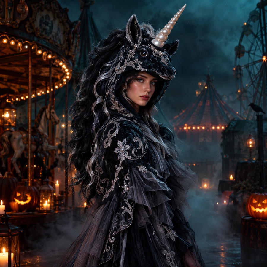 Original haunted unicorn mascot costume concept with a pearl horn, dark mane and theatrical fog