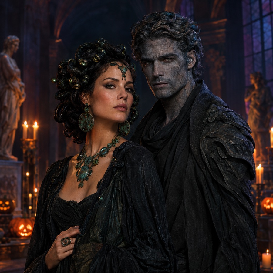 Original couple costume concept with a sculptural Medusa headpiece and a stone-textured partner look