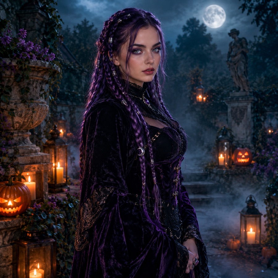 Original gothic portrait concept with long violet braids, silver hair jewellery and fog in a moonlit garden