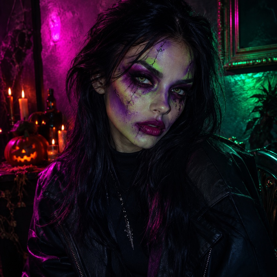 Original neon zombie makeup concept with violet contour, green highlight and club lighting