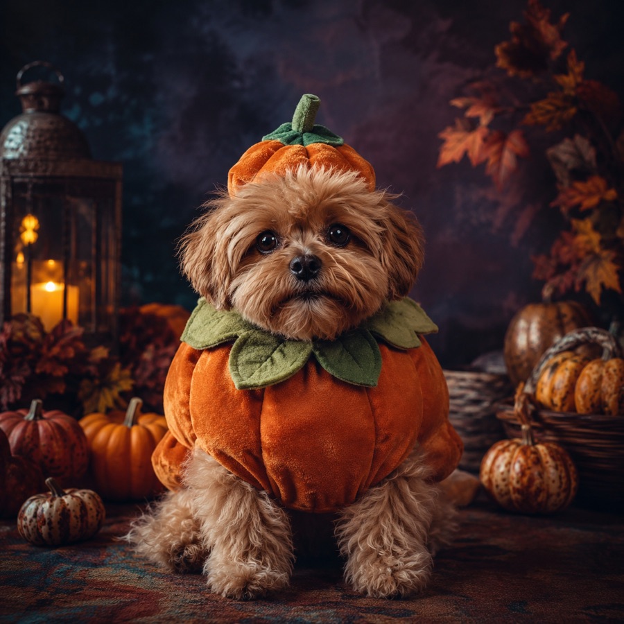 Original pet portrait concept with a soft pumpkin costume, green leaf collar and autumn studio props