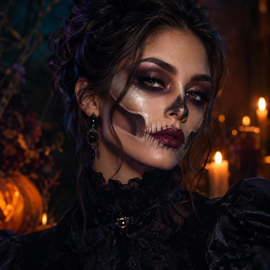 Original skeleton glam makeup concept with fine bone lines, smoky eyes and a black evening outfit